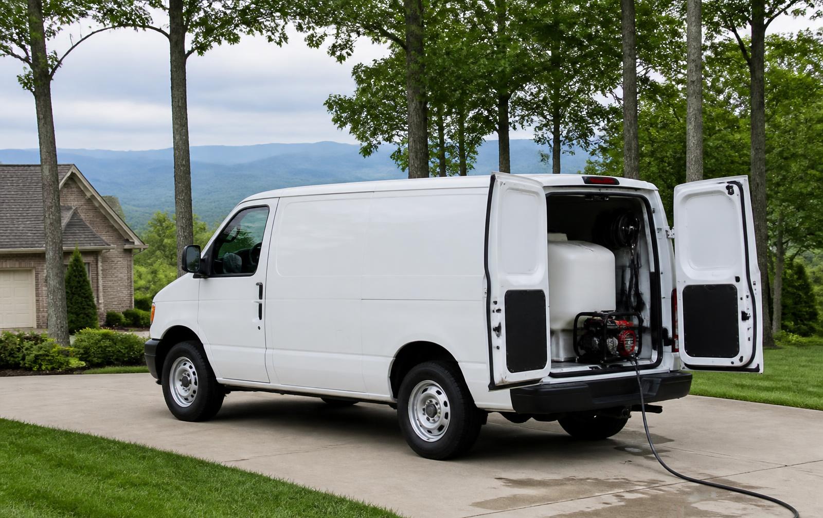 Mobile detailing van with water tanks parked in a Maryville neighborhood